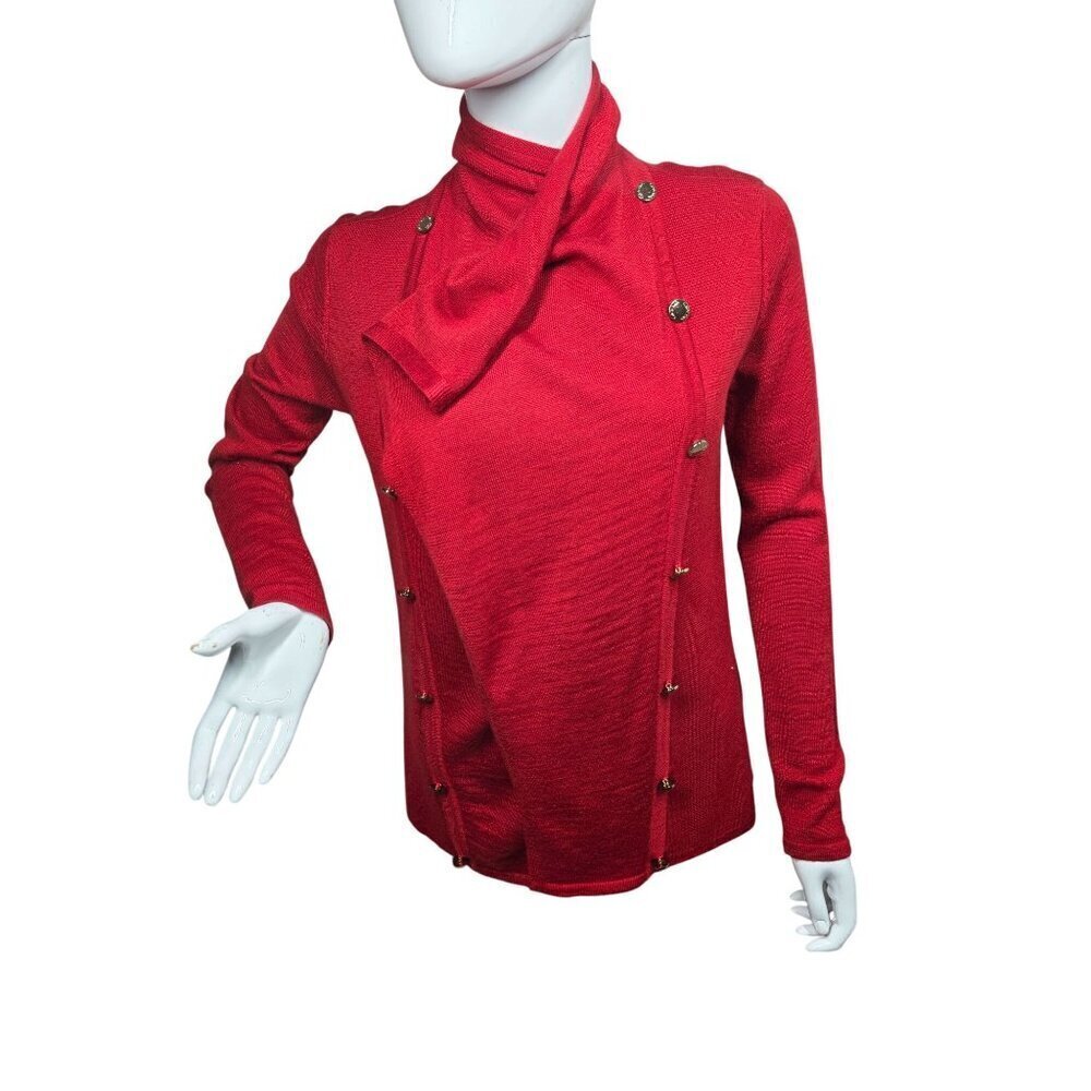 Calvin Klein Red Wool Knit Cardigan Wrap Sweater Women Sz S Decorative Gold Btns - Picture 5 of 13